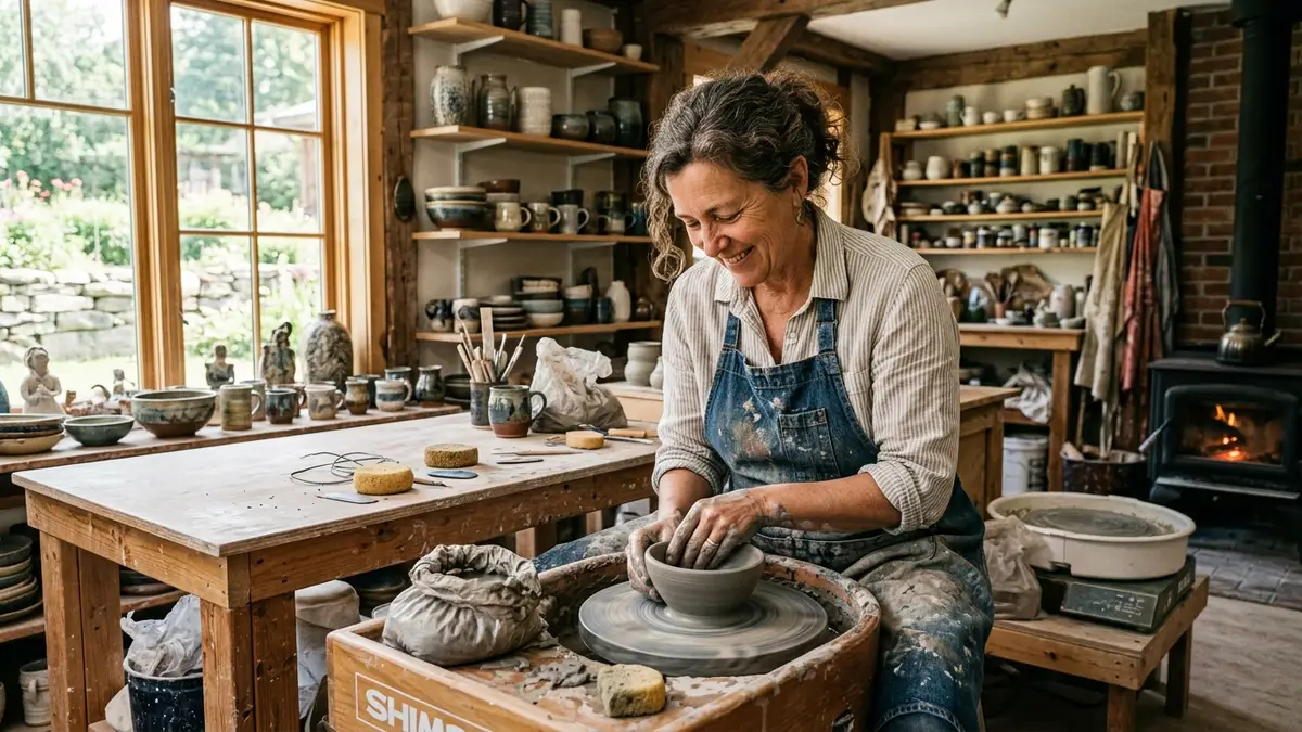 Artisane potiere quebecoise creant des pieces de ceramique dans son atelier