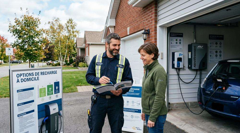 Électricien expliquant l'installation d'une borne de recharge résidentielle à Québec