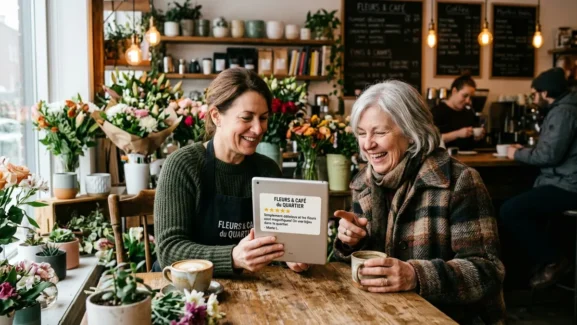 Commerçante québécoise et cliente souriante consultant un avis client 5 étoiles sur une tablette dans une boutique à Montréal