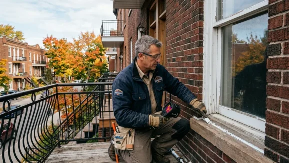 Artisan québécois effectuant l'isolation et le calfeutrage d'un duplex à Montréal