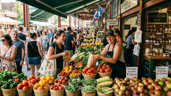 Marché public Jean-Talon animé à Montréal avec étals de légumes frais du Québec, pommes et producteurs locaux souriants