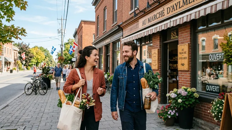Consommateurs locaux effectuant leur magasinage de proximité sur la rue Principale à Aylmer Gatineau