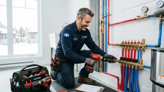 Entrepreneur general et charpentier quebecois consultant les plans d un chantier residentiel