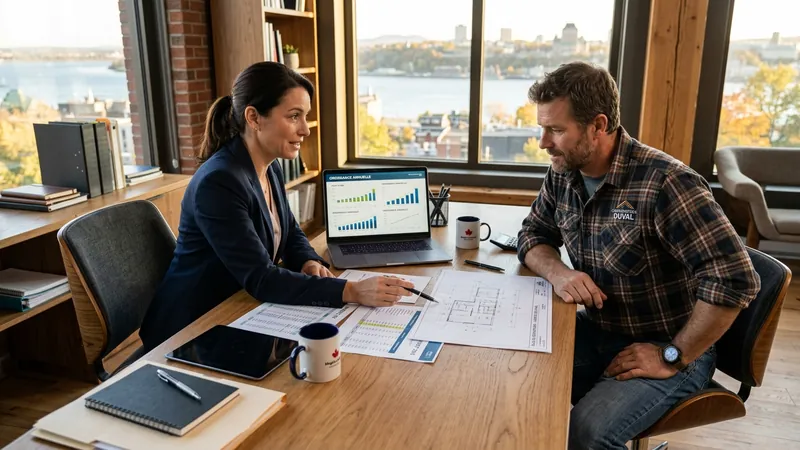 Entrepreneurs québécois en réunion avec leur conseiller financier pour planifier la croissance locale