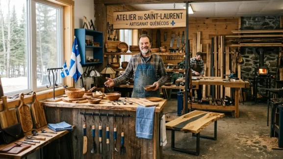Artisan québécois fier dans son atelier d'ébénisterie et transformation de bois local