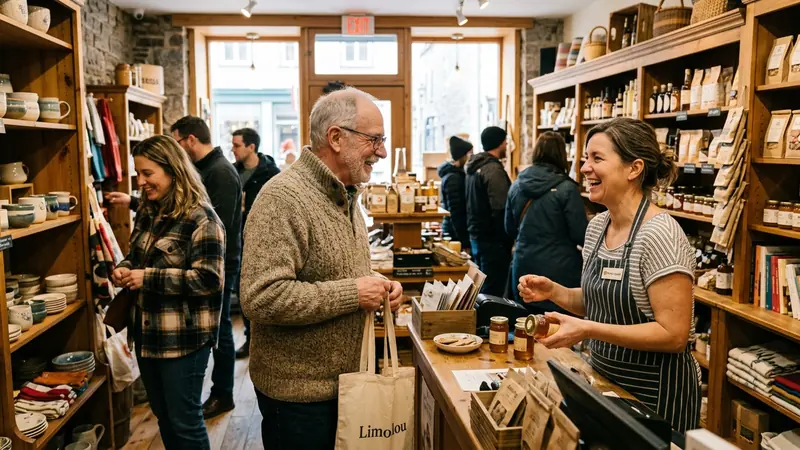 Clients souriants découvrant les produits du terroir estrien dans une épicerie fine de Magog