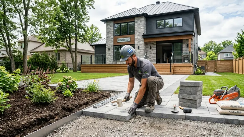 Équipe de paysagistes professionnels effectuant le ramassage des feuilles et la taille d arbustes au Québec
