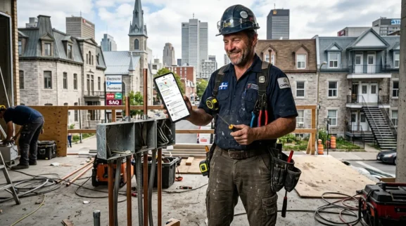 Artisan électricien québécois sur un chantier montrant les avis positifs et son profil d'entreprise locale sur smartphone