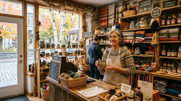 Commerçante et artisane québécoise accueillant des clients dans sa boutique locale pour la rentrée d'automne 2026
