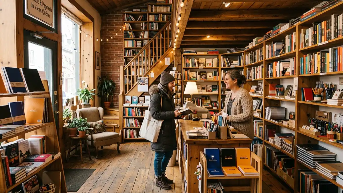 Intérieur chaleureux d'une librairie et papeterie locale de quartier au Québec