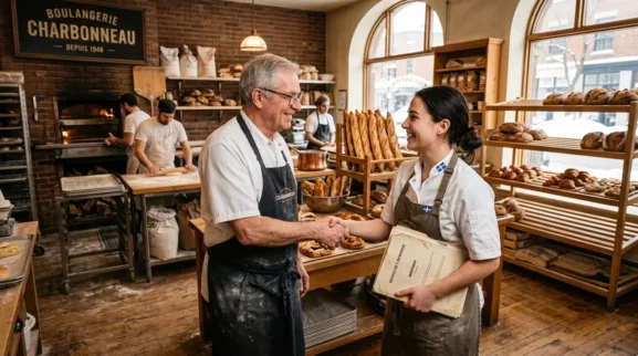Transmission et rachat d'entreprise au Québec entre cédant expérimenté et jeune repreneur dans un commerce local