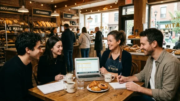 Propriétaire d'un café boulangerie à Montréal examinant sa planification financière avec son équipe
