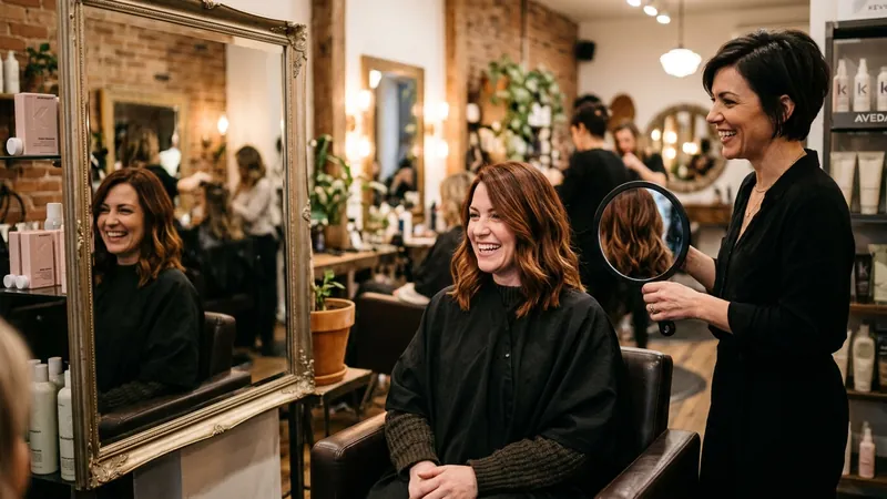 Cliente satisfaite découvrant sa coiffure dans un salon d esthétique de proximité au Québec