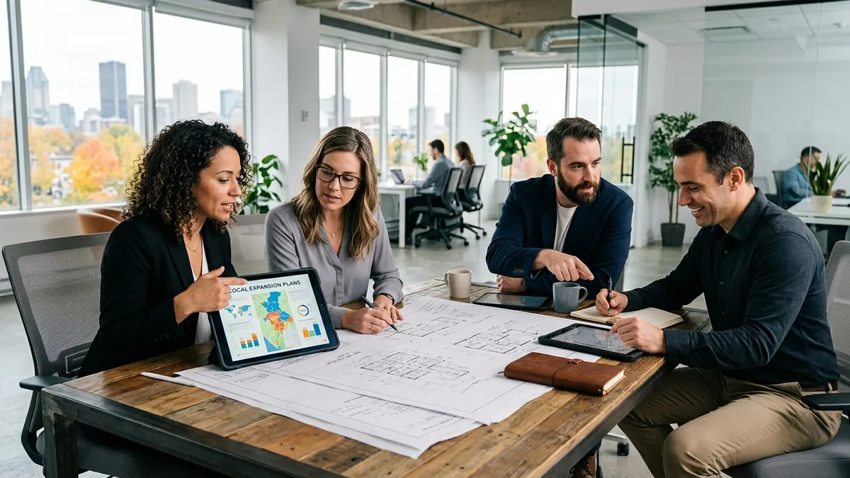 Entrepreneur québécois et conseiller financier analysant le budget d'entreprise